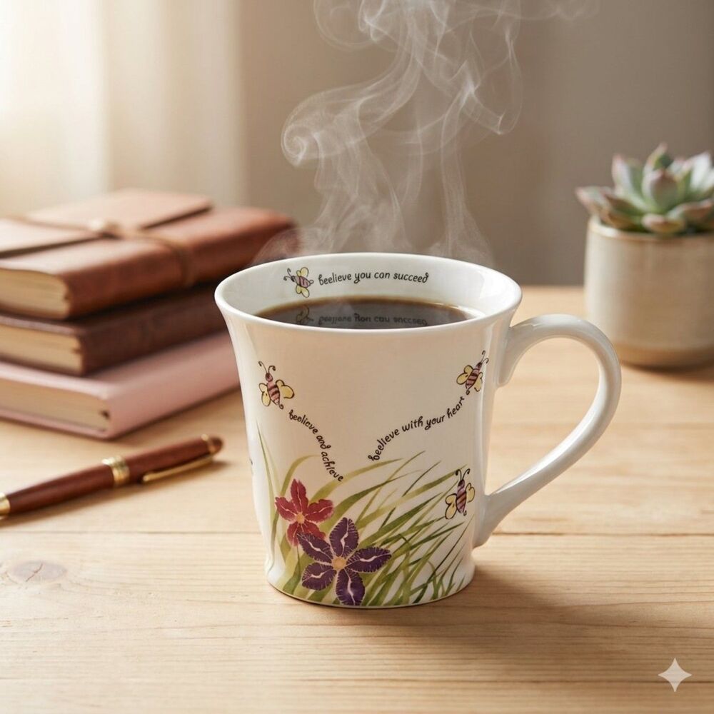 VTG Mary Kay Beelieve Inspirational Mug Purple Floral Bumble Bee Watercolor - QU